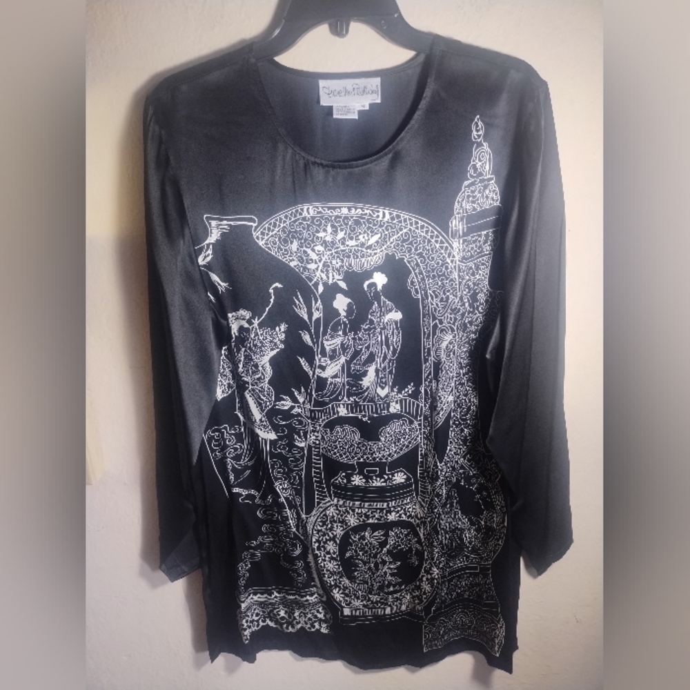 Vintage Diane Von Furstenburg Top Silk Asian Artsy Boho Oversize Comfy Fit Tunic